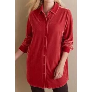 Soft Surroundings Red Velvet Button Down Shirt Long Sleeves Classic Size Small